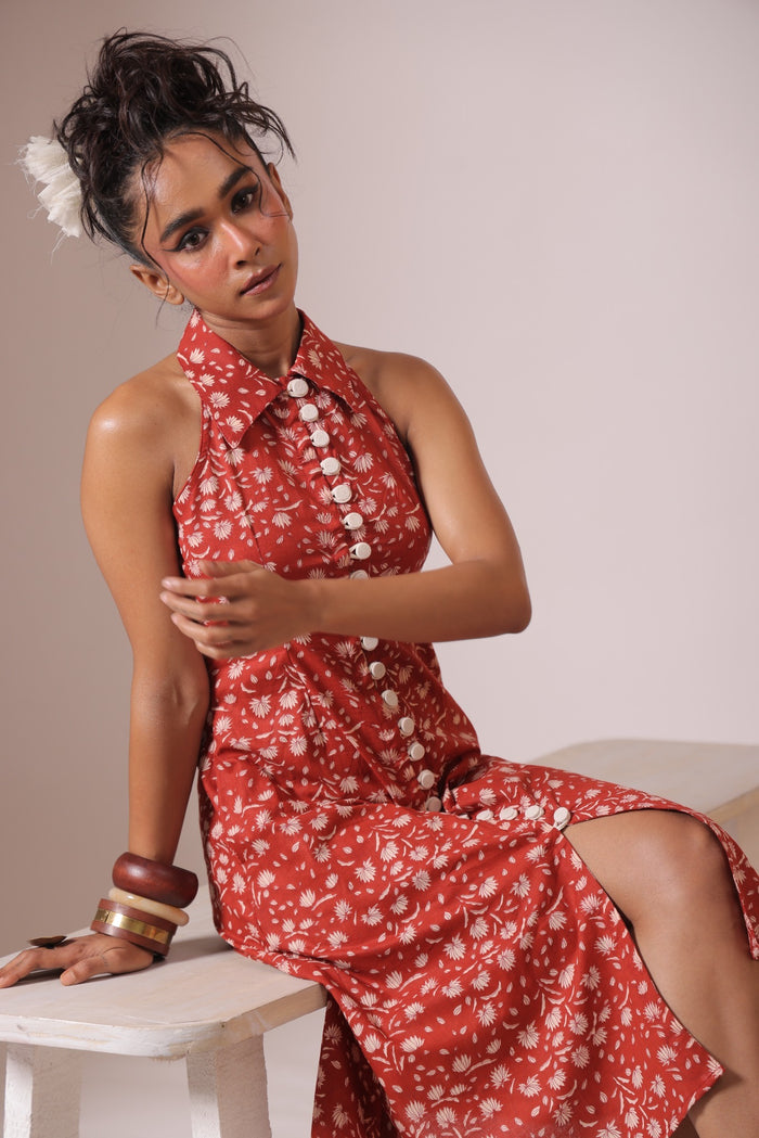 Maroon Cotton Midi Dress