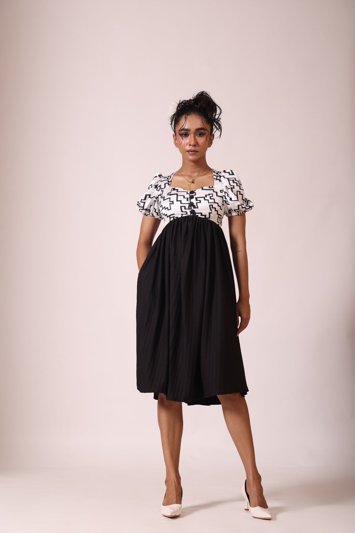 Black & White Satin Midi Dress
