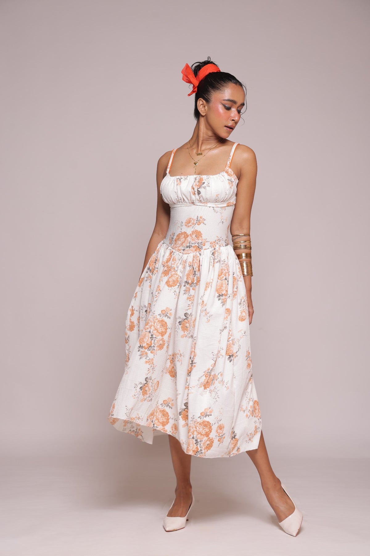 White orange floral dresss